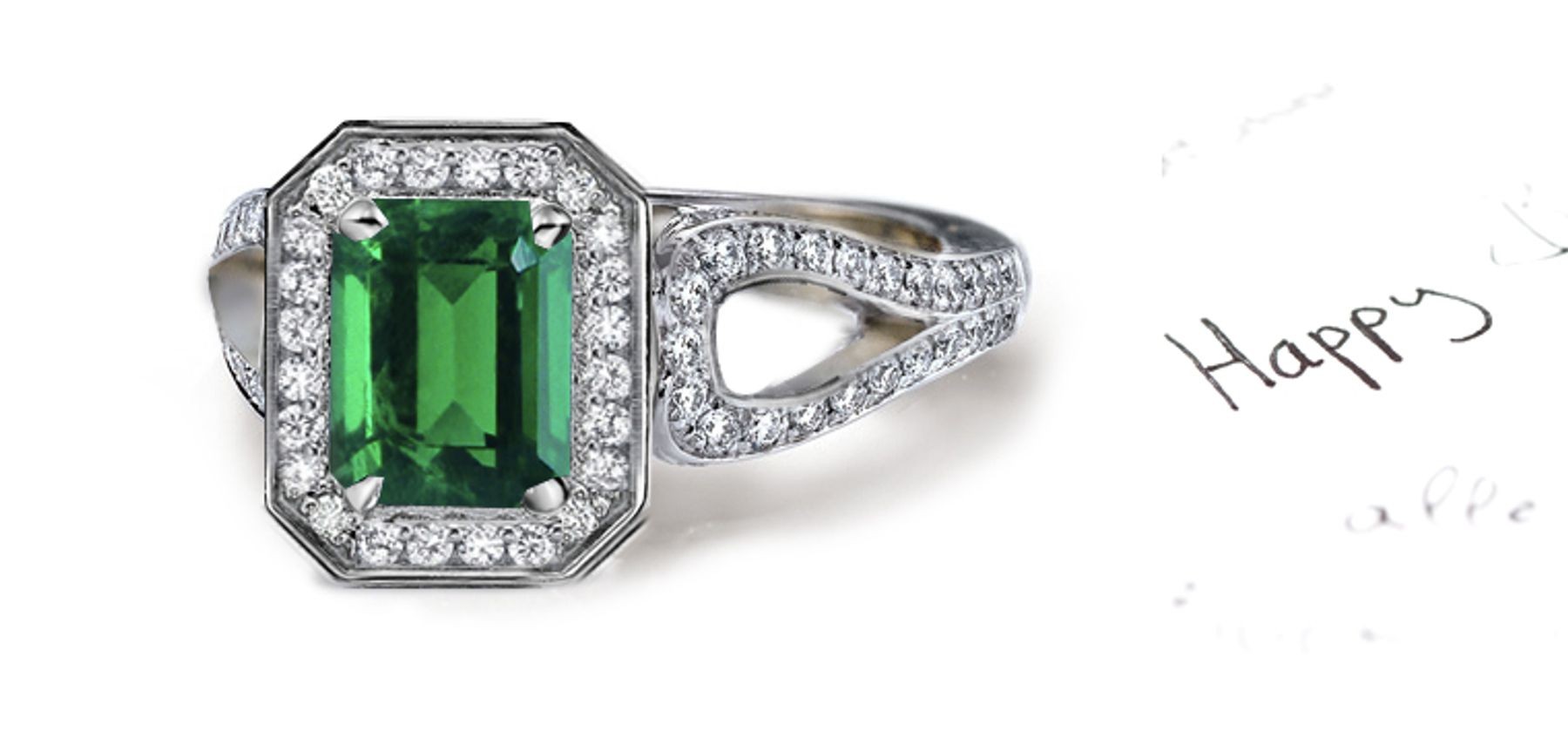 Ancient Bright Green Emerald Cut Emerald & Diamond Halo & Chevron Shape Gold Ring