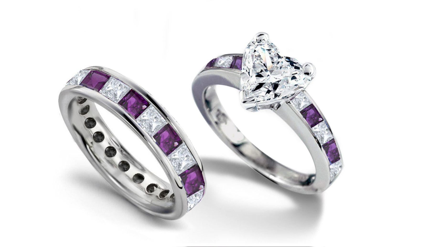 Heart Diamond & Princess Cut Sapphire & Diamond Accents Engagement Ring & Wedding Band
