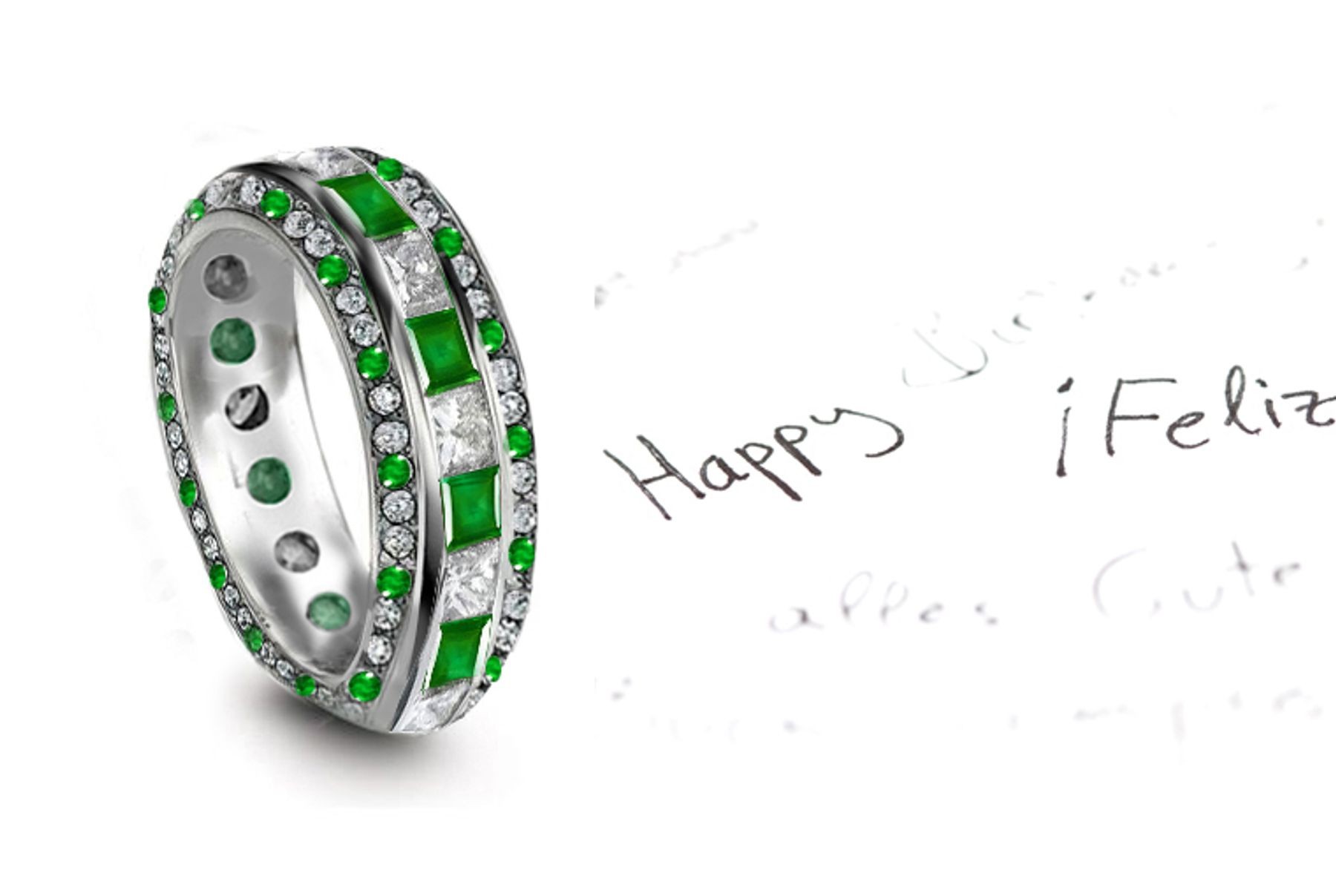 Sea-Green Hue: Platinum & Princess Cut Diamond & Emerald Eternity Ring Shows The Most Brilliant Green