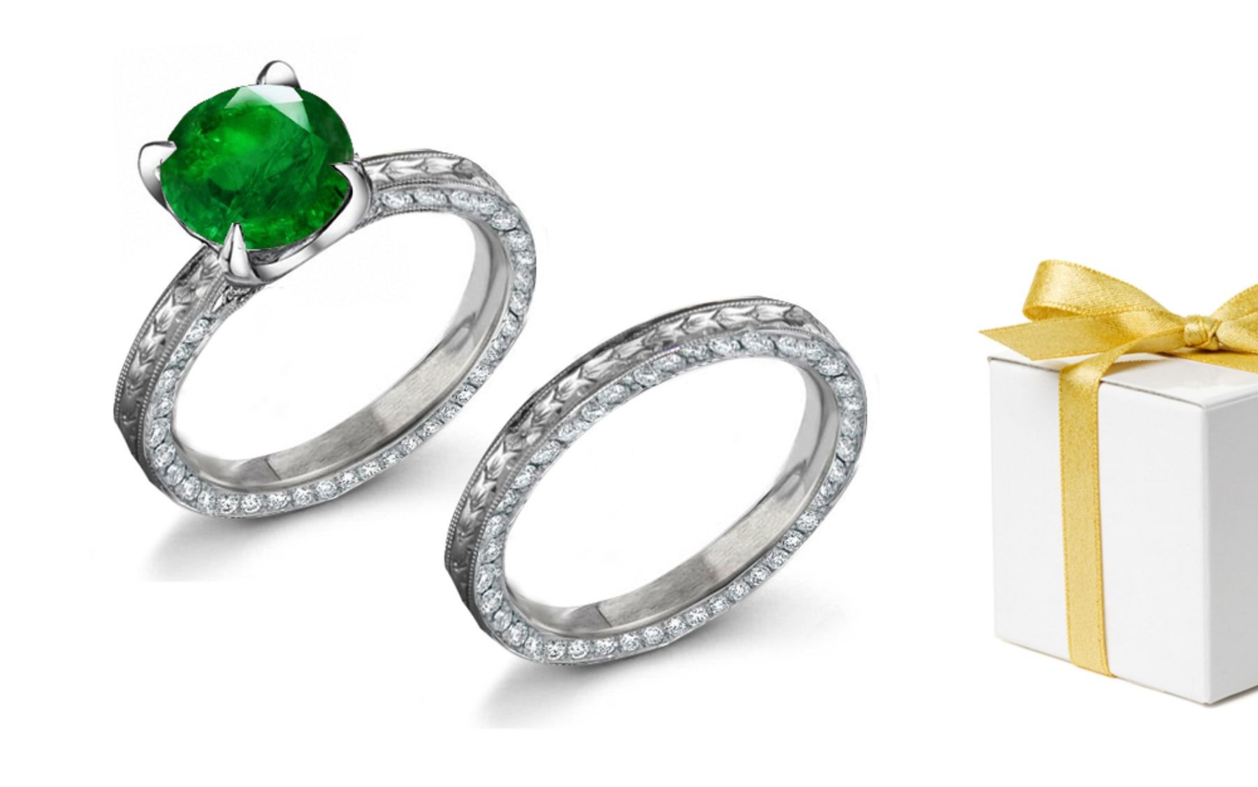 Solitaire Emerald & Diamond Foliate Scrolls & Halo Diamond Ring & Band