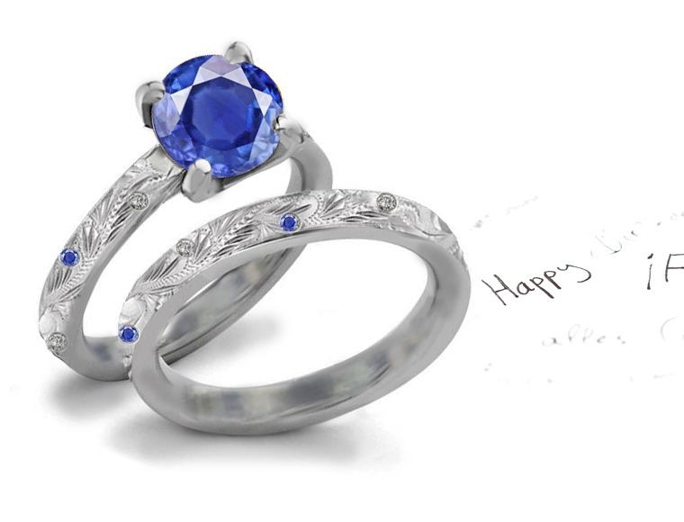 Regal Gems: Star Burnish Set Filigree German Cut Deep Blue Saphire Tiffany Style Diamond Ring in 14k White Gold & Silver