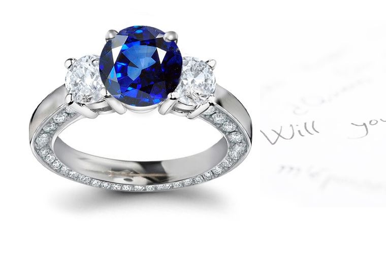 Human Creations: Very Popular 3 Stone Rich Color Sapphire & Round Diamond Filled Ring in 14k Sunshine Gold & Platinum