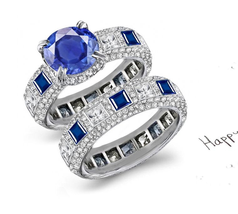 For The Adornment of Rings: Handsome Ornamental French Pave' Fine Blue Sapphires & Diamonds Ring in 14k White Gold