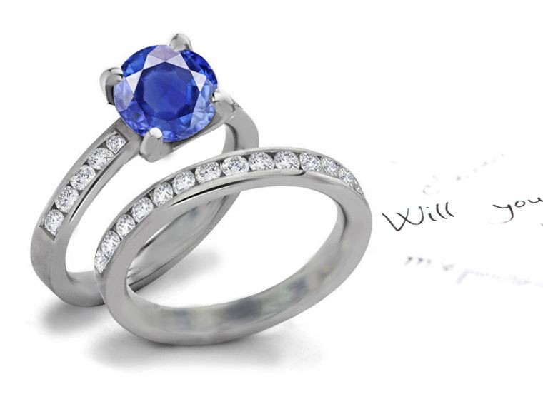 Heavenly Sapphires: Export Quality Set Round Blue Sapphire Modern Style Channel Diamonds Ring in 14k White Gold for Sale!
