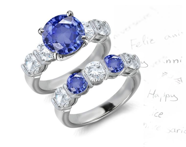 Noted As A Regal Gem: For Royal Use Genuine 5 Stone Fine Blue Sapphire & Diamond Ring in 14k White Gold, Sterling Silver