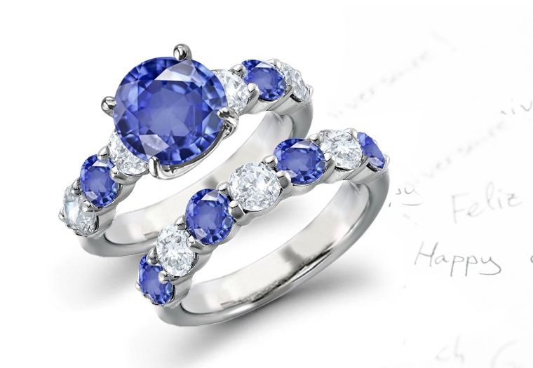 Rare Deep Blue Colors: Fine Beautiful 7 Stone Fine Sapphire Diamond Ring in 14k White Gold & Platinum or Emerald, or Ruby