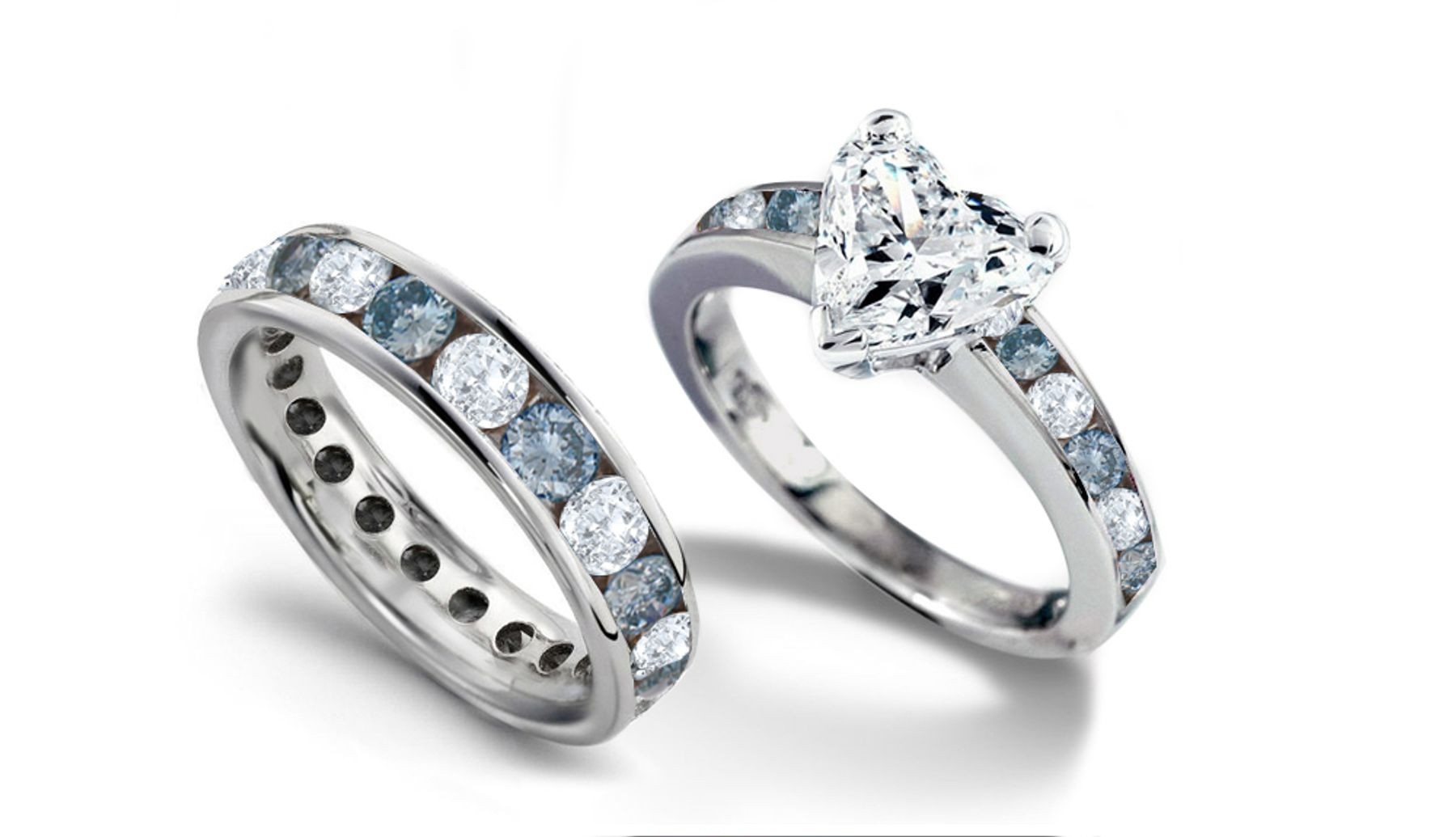 White & Blue Diamond Wedding Eternity Band & Matching Engagement Ring with Heart Diamond atop Blue Diamond Band