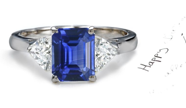 Birth & Alternate Stones: Top 3 Stone Heart Diamond & Emerald Cut 2 Side Stones Fine Blue Sapphire Ring in Gold Size 6