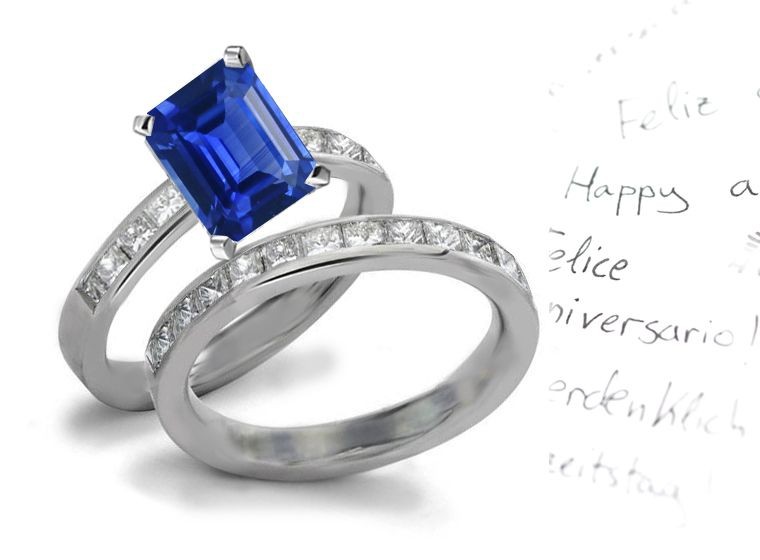Foundation Stones Version: Real Octagonal Rare Fine Blue Sapphire & 2 Side Stone Square Cut Diamond Engagement Ring