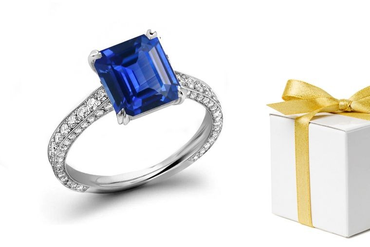 Kansas City Birth-Stones: Art Deco Octogon Fine Blue Sapphire & Diamond Micropave Ring in 14k White, Yellow Gold Save