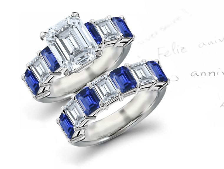 Birth-stone for September: 7 Stone Emerald Cut Diamonds & Sapphire Ring & 7 Stone Side Stone Embracing Wedding Band