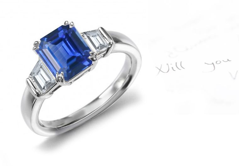 Power of Gemstones: Top 3 Stone Intense Emerald Cut Clear Sapphire & Shield Cut Classical Diamonds Fashion Gold Ring