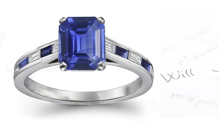 Delightful Joy Pure: Large Top Stone Platinum & Emerald Cut Sapphire & Side Stones Baguette Diamonds Wedding Ring Size 6