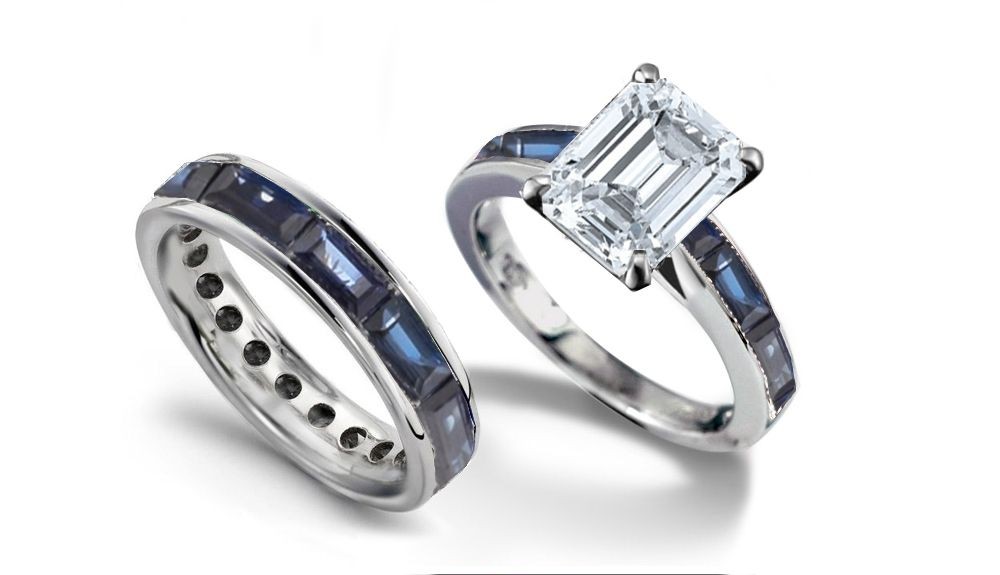 Radiance of Stars: Signature Emerald Cut Diamond atop Baguette Cut Fine Blue Sapphire Ring & Sapphire Wedding Band