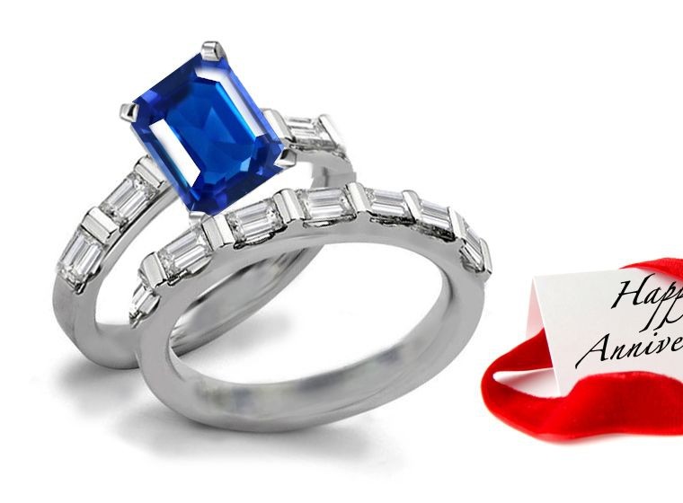 Symbol of Constancy: Celestial Emerald Cut Fine Blue Sapphire & Baguette Diamond Ring & Matching Platinum Band