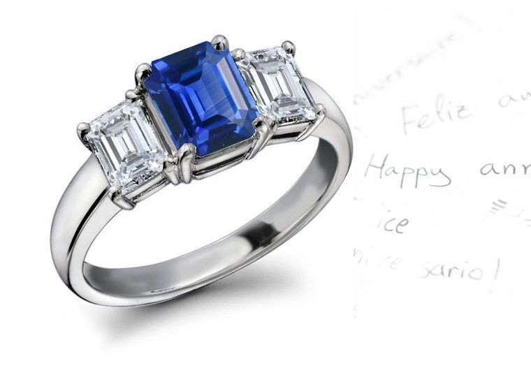 The Jacinth Sapphire: Simple & Classic 3 Stone Emerald Cut Fine Blue Sapphire & 2 Side Stone Emerald Cut Diamond Ring