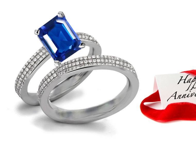 Typifies Calm & Affection: Emerald Cut Fine Blue Sapphire & Round Diamonds Ring & Matching Anniversary Band