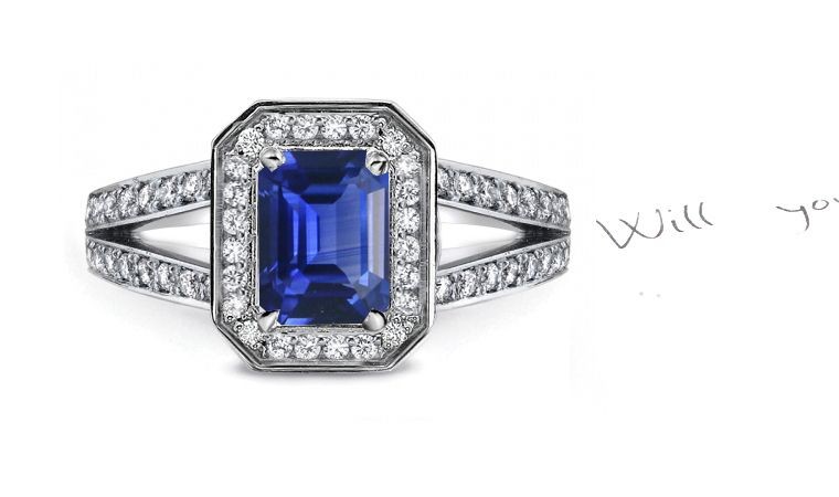 French Inspired: French Art Deco Emerald Cut Sapphire Diamond Halo Ring With Split Shank Diamond Ring Shoulder