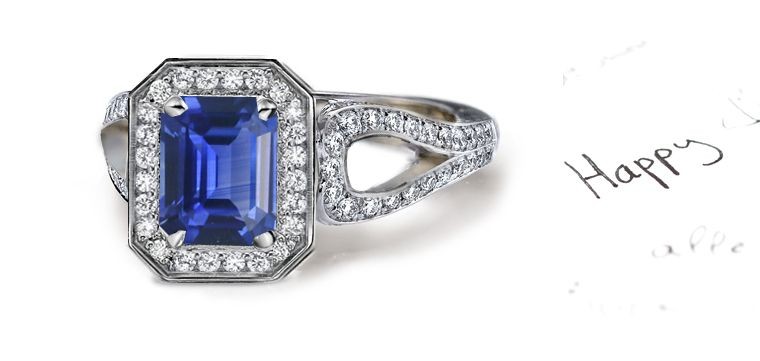 Oriental Sapphires: Emerald Cut Fine Blue Sapphire with Diamond Halo Ring With Split Shank Diamond Sides Perfect in Formr