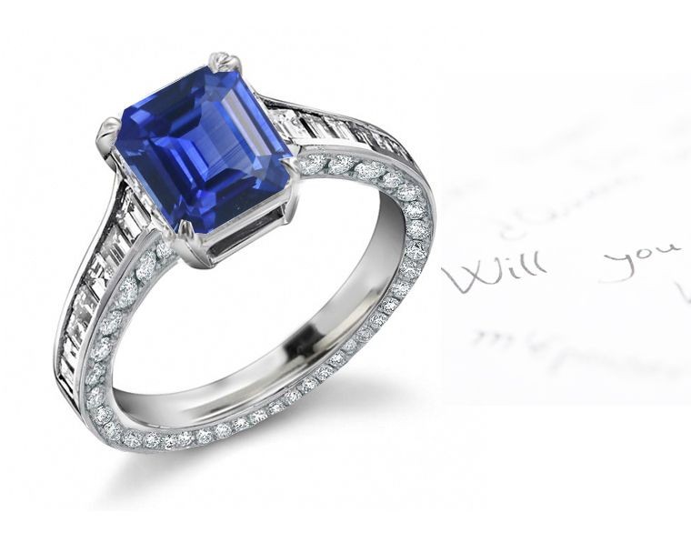 Rich Gifts Offered: Edwardian Style Emerald Cut Fine Blue Sapphire & Baguette Diamond Anniversary Betrothal Ring