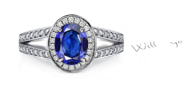 French Pave' Classics: Art Deco Oval Sapphire Diamond Halo Ring Split Shank Ring