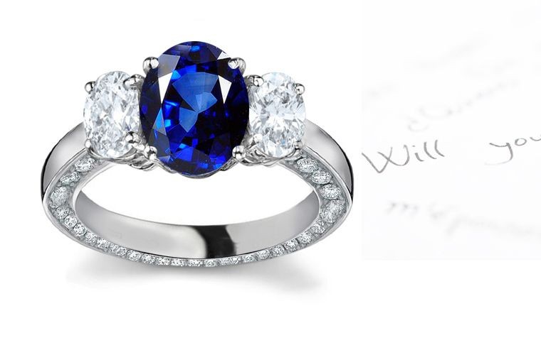 Great Selection: Stylistic Top 3 Stone Oval Cut 2 Side Stones Sapphire Diamond Ring Free
