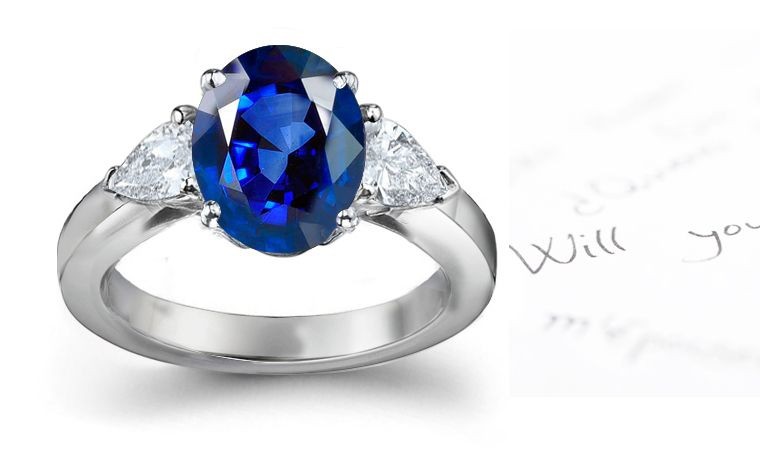 Genuinely Classic: 3 Stone Oval Sapphire & 2 Side Gemstones Pears Diamond Purely Imaginary Ring in Platinum & 14k 18k Gold