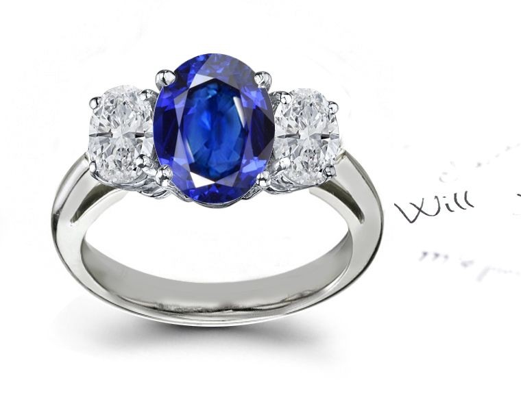 Real Classical Visions: 3 Stone Oval Sapphire and Oval Diamond Lightening Ring in 14k White, Yellow Gold Size 3 – 8