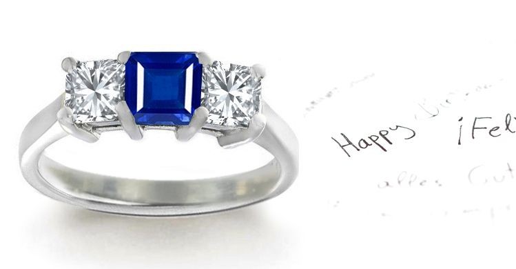 Great Variety of Color Polished 3 Stone Fine Deep Blue Sapphire Princess Cut Diamond Gold Ring