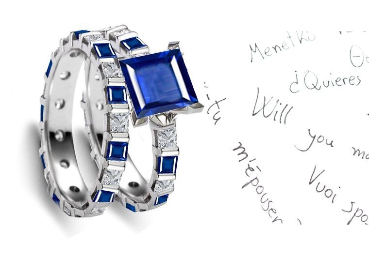Symbolic References to 3: Square Sapphire & Princess Cut Diamond Ring & Wedding Band