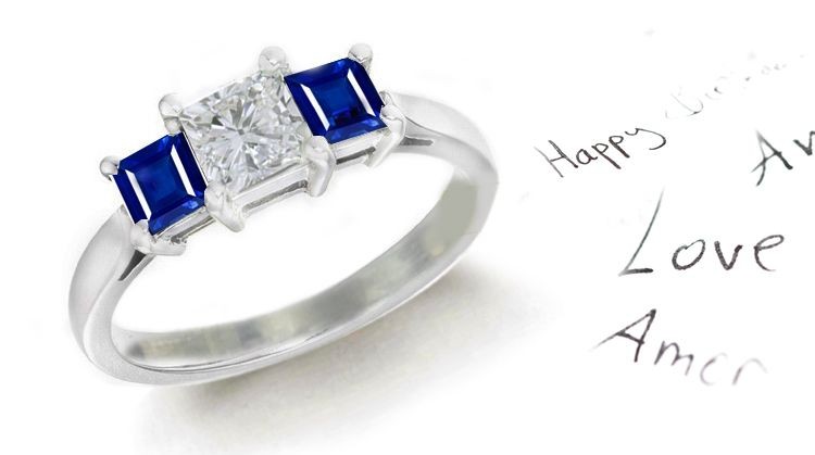 Composition Featuring: 3 Stone Style Princess Diamond & Square Fine Blue Sapphire Ring