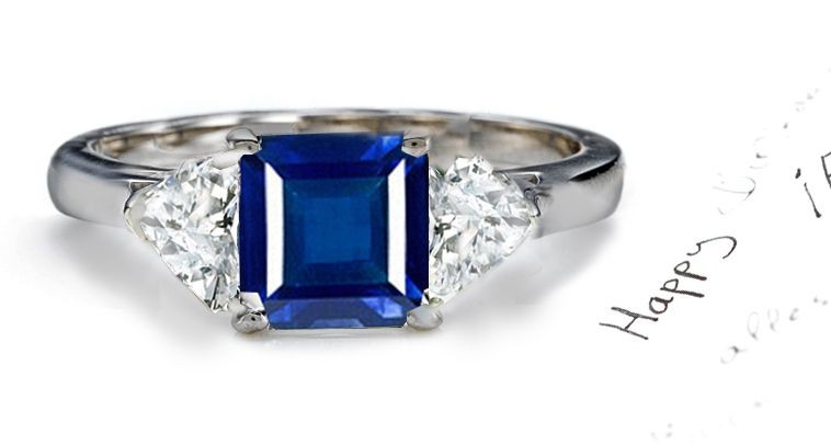 Holy Trinity: Great Quality 3 Stone Heart Diamond & Princess Cut Sapphire Ring in 14k Gold