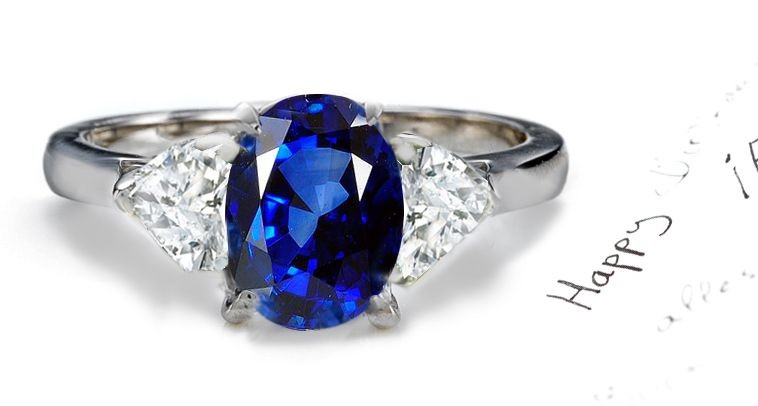 Presented with 3 Stones: 14k 3 Stone Heart Shaped Diamond & Oval Blue Fine Blue Sapphire Diamond Anniversary Ring