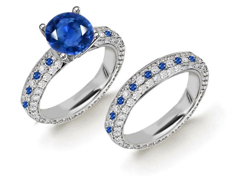 Explore & Discover: This French Pave' Creative Expression Rare Deep Blue Round Diamond & Sapphire Ring in 14k White Gold