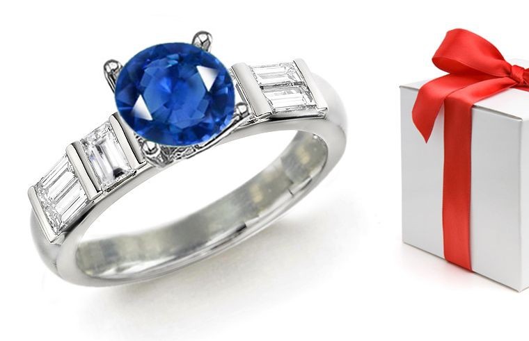 Artistic Forms & Styles: Bar Set Blue 2.3 Sapphire & Emerald-Cut Diamond Ring Set in 14k White Gold & Platinum Size 4,6,7,8,9