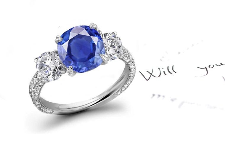 Exudes Exquisite Grace: 3 Stone 2.37ct Sapphire Gemstone Diamond Micropave French Ring in Polished Sculpted Platinum