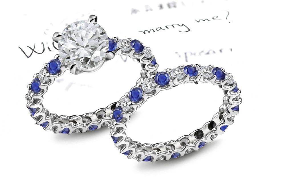 Classical Sculptures: U-Prong Fine Blue Sapphire With 0.38 CT Diamonds Engagement Ring in 14k White Gold & Platinum