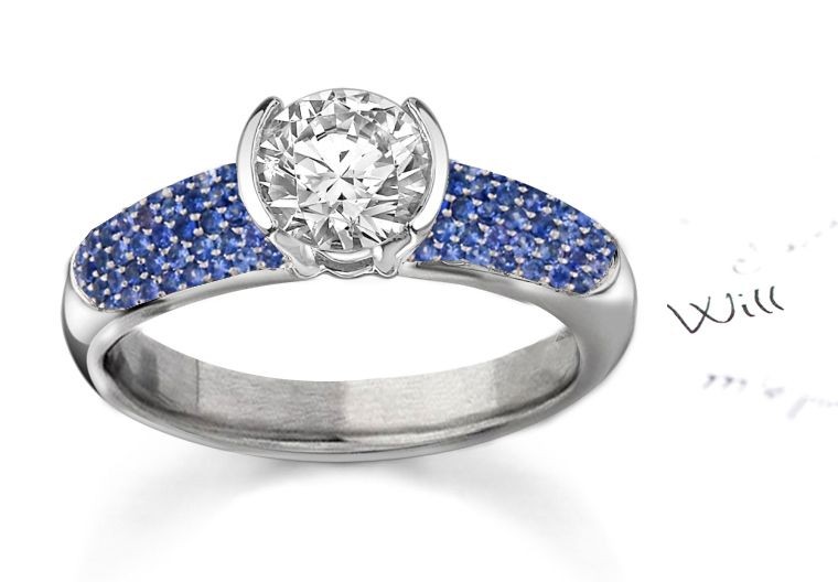 French Pave' Legends Strong Robust 3.24 CT Round Bezel Set Diamond & Micropave Fine Blue Sapphire Ring 5mm Wide