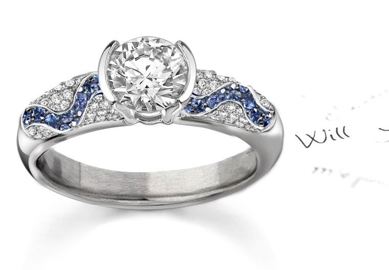 French Pave' Classics: Wavy Pave' 3.25 Carat Fine Dark Blue Sapphire With Diamonds Ring in 14k White Gold & Platinum