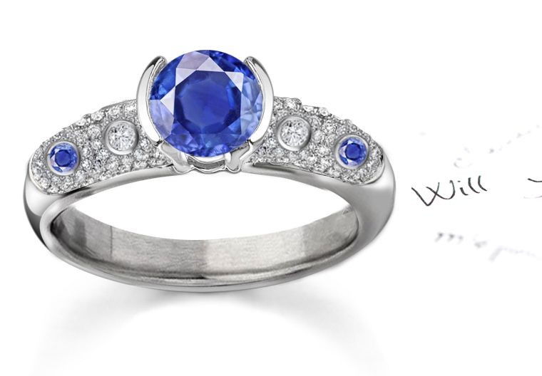 Geometric & Precision Set: Classic French Pave' Fine Blue Sapphire Ring With Diamonds in 14k White Gold & Platinum