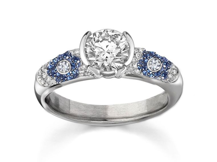 Sparkling From Any Angle: Handsome French Pave' Fine Blue Sapphire Ring With 0.38 CT Diamonds in 14k White Gold