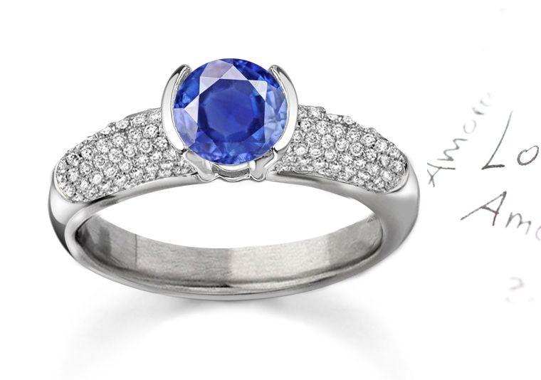 Jacinth, Royal Dignity: French Pave' Fine Blue Sapphire Ring With Diamonds in 14k White Gold & Platinum Size 6,7