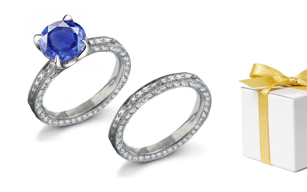 Radiates From Within: Fine Blue Sapphire Diamond Ring & Band with Floral Scrolls & Motifs, 0.69 CT Diamond Sprinkle Side