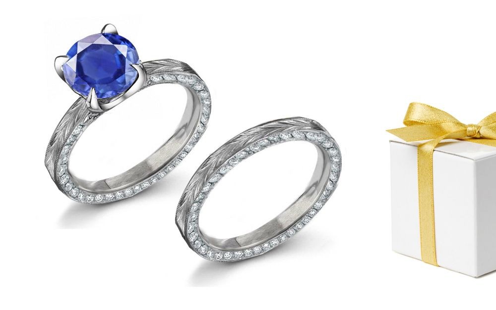 Color, Clarity & Light: Its Fine Blue Sapphire & Diamond Ring & Band with Floral Scrolls & Motifs & 0.38 Carat Diamond Sprinkle