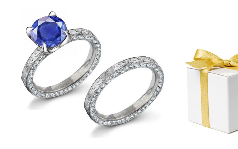 "Simple & Stylish:" Fine Deep Blue Sapphire & Diamond Ring & Band with Floral Scrolls & Motifs, Pure 0.70 CT Diamond Sprinkle