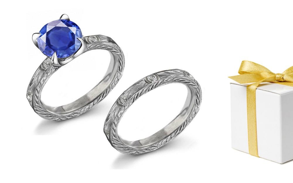 Botanical Rich: Fine Deep Blue Sapphire With Diamond White Gold Ring & Gold Band with Floral Scrolls & Motifs on Sides