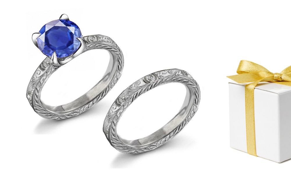 Real Miracles: Fine Deep Blue 0.69 CT Diamond & 1.04 Carat Sapphire Ring & Band Floral Scrolls & Motifs on Shoulders