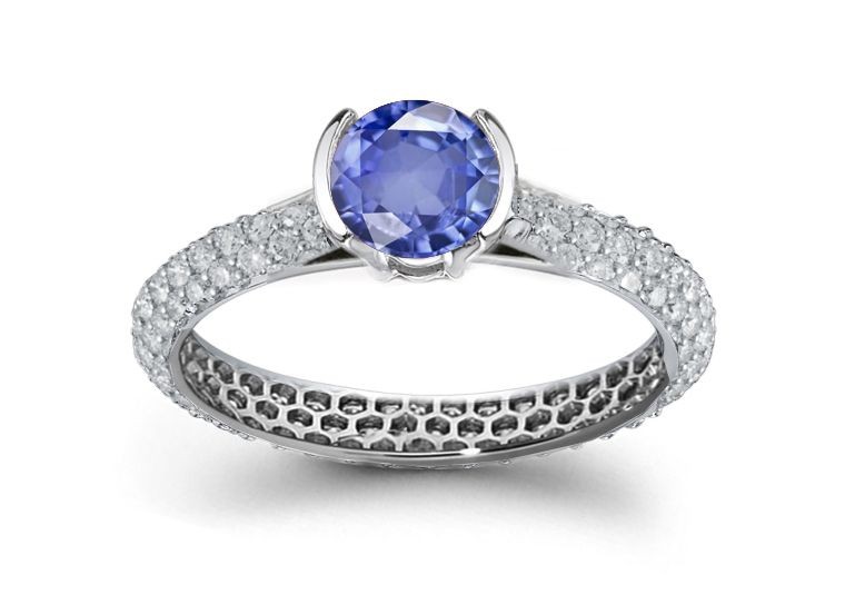Colors of the Sea: French Pave' Sapphire & Diamond Ring in 14k White Gold, .925 Sterling Silver & Platinum Requisite Sizes 5 6 7