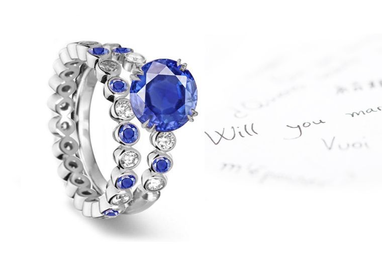 Looks Amazing: Fashionable Bezel Set Sapphire & Diamond Engagement & Wedding Ring in 14k White Gold & Platinum