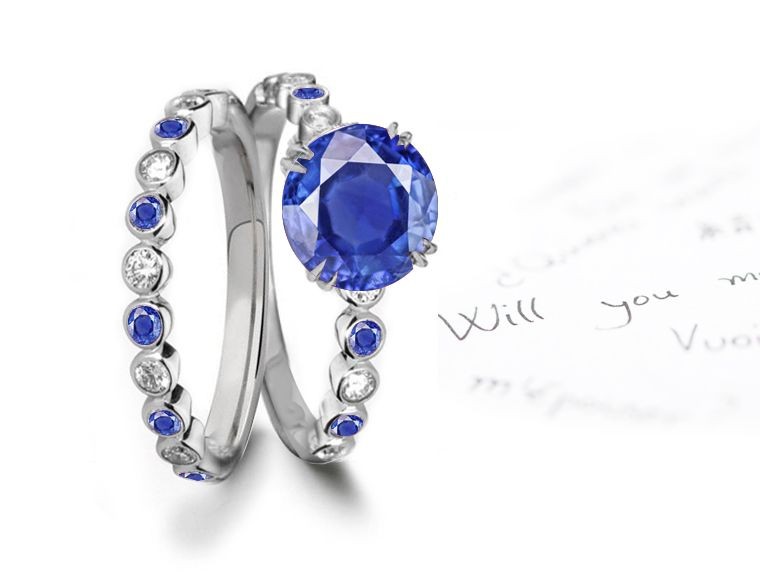 Looks Very Pretty: Pure Bezel Set Sapphire & Diamond Engagement & Wedding Ring in 14k White Gold & Platinum